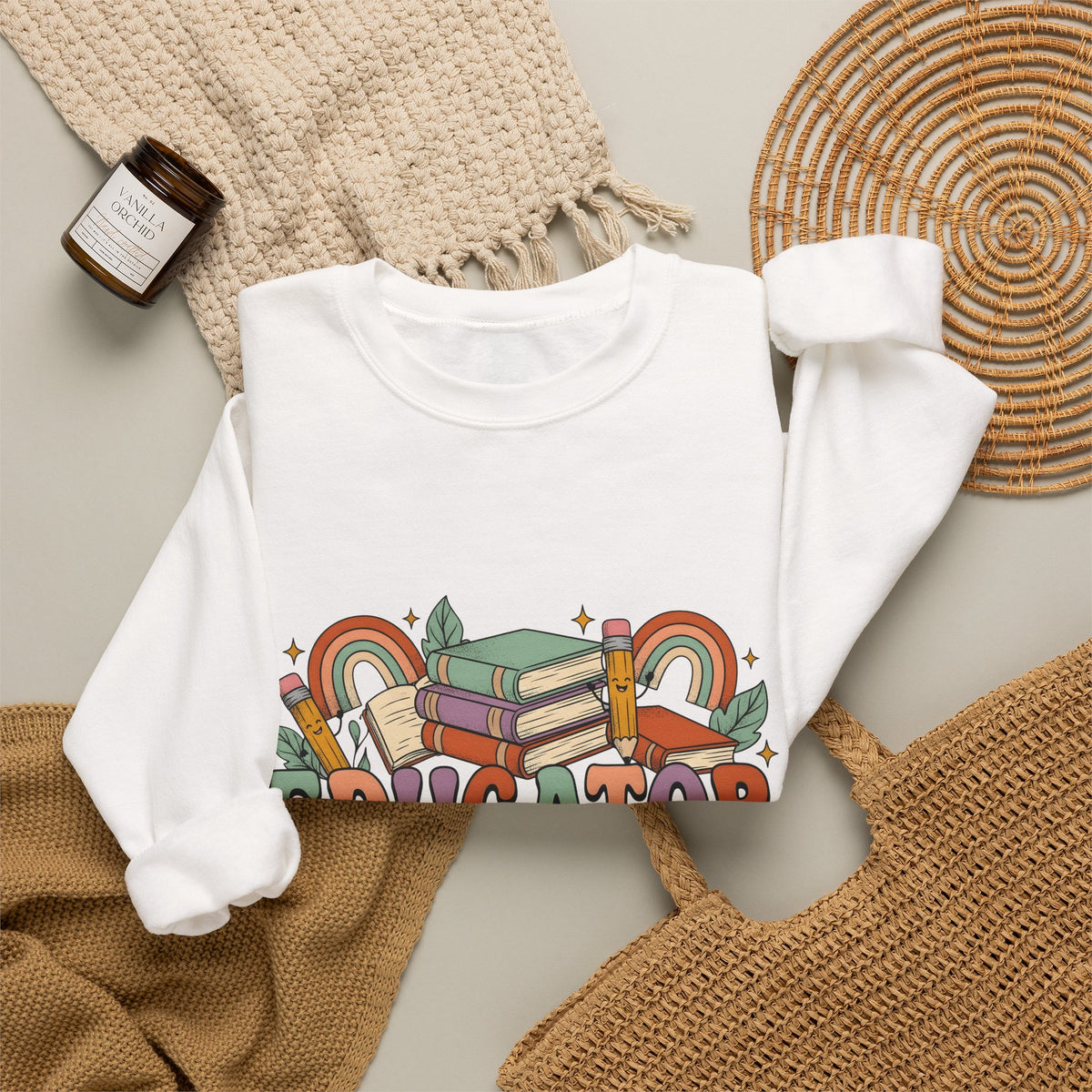 Books Pencils Sweatshirt Teacher School Gift Women Cartoon Sweatshirt Stationery Sweatshirt Educator Enthusiast Comic Sweatshirt Classroom Graphic Retro