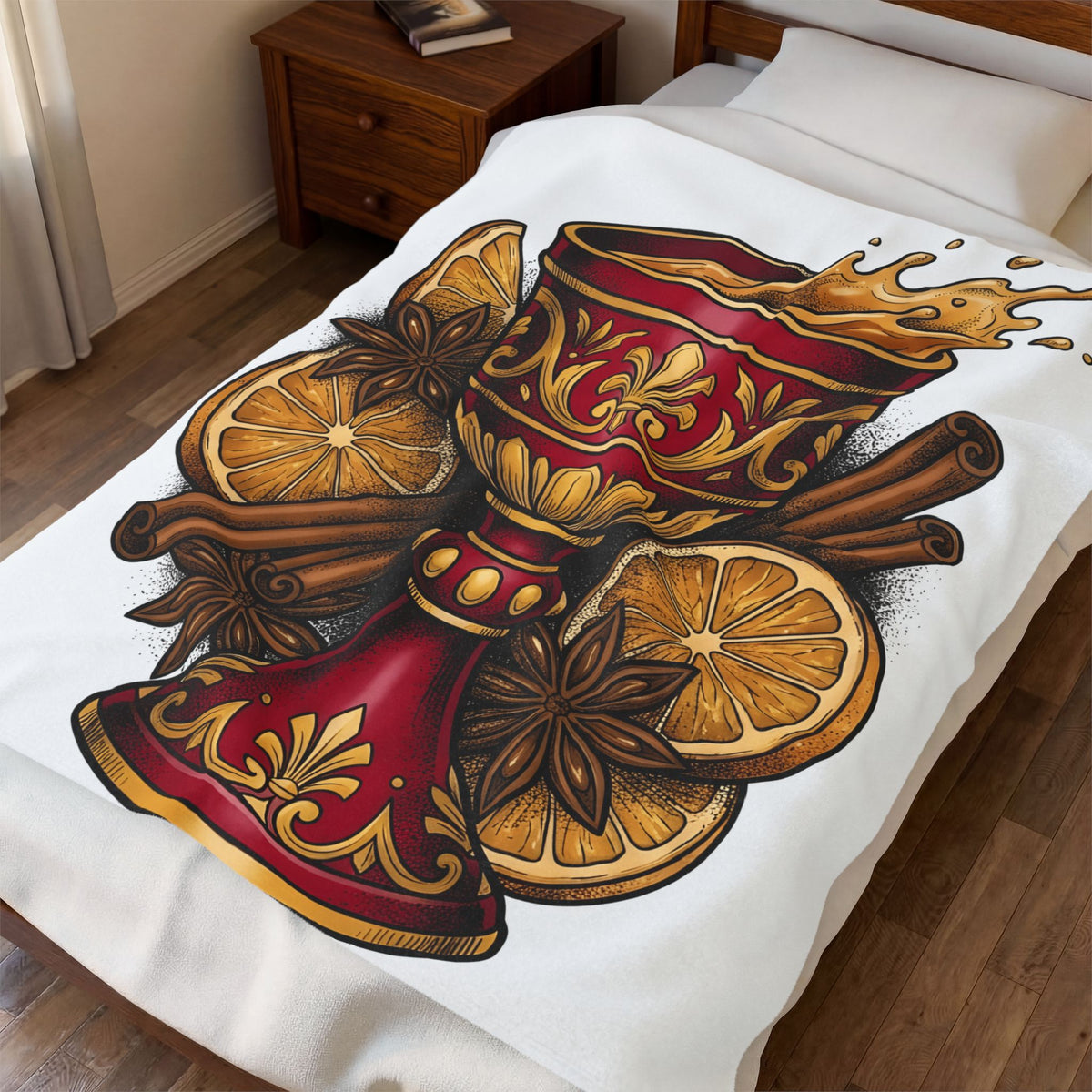 Hot Spiced Drink Holiday Yuletide Gift Farmhouse Mulled Wine Christmas Fan Rustic Winter Outline Blanket