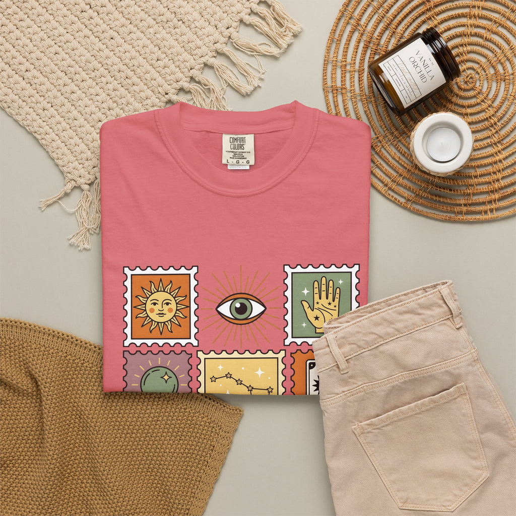 Magic Stamps T-Shirt Halloween Zodiac Gift Women Hippie T-Shirt Rubber Stamp T-Shirt Horror Fan Psychedelic T-Shirt Astrology Graphic Vintage