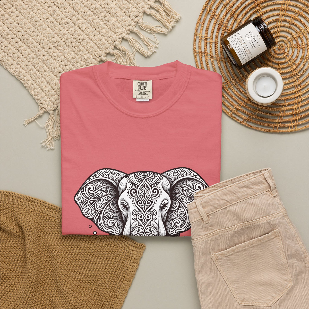 Elephant Art T-Shirt Boho Chic Critter Gift Women Hippie T-Shirt Pachyderm T-Shirt Bohemian Fan Psychedelic T-Shirt Animal Graphic Line Art