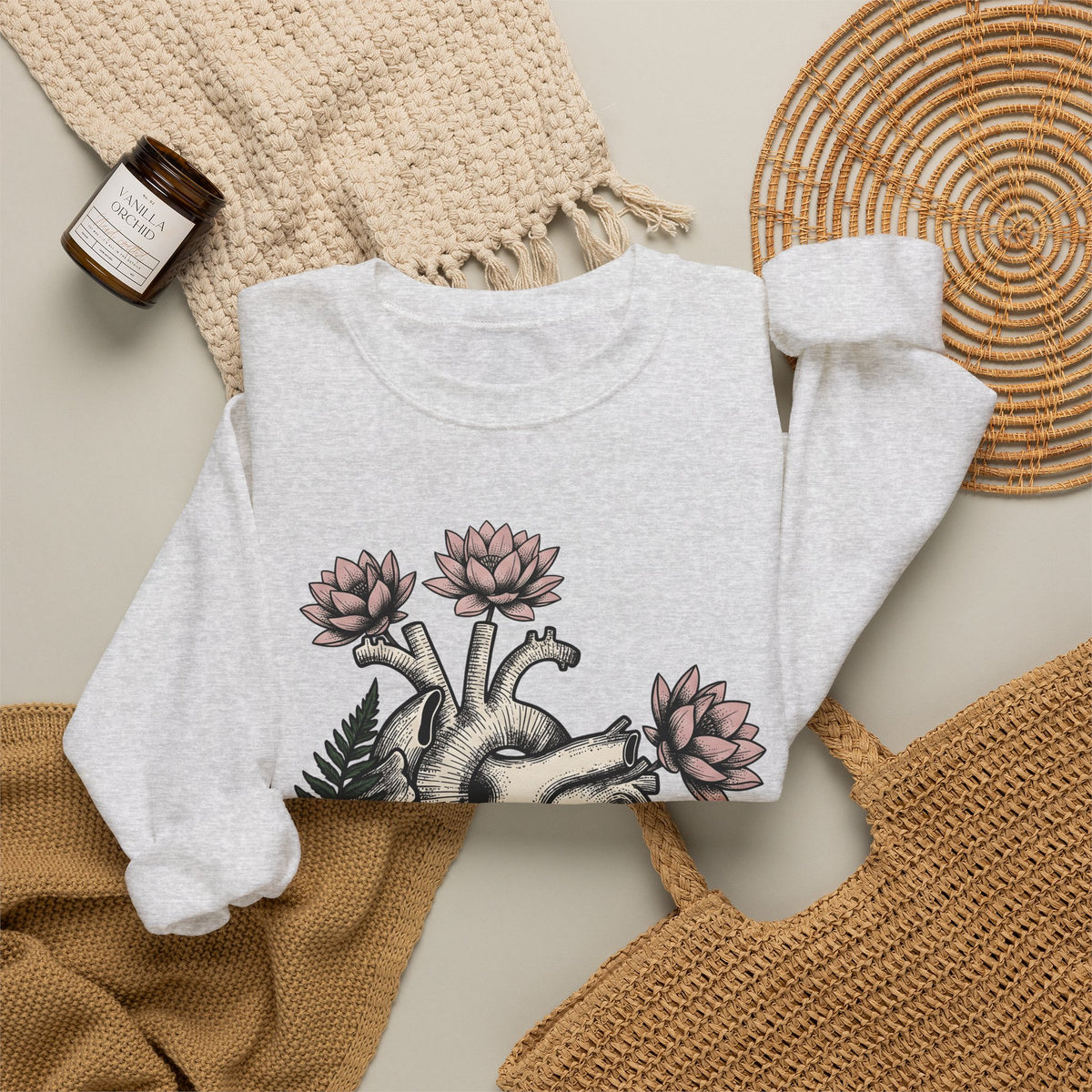 Heart Bloom Sweatshirt Boho Chic Environment Gift Women Natural Sweatshirt Flower Sweatshirt Bohemian Fan Organic Graphic Illustration Sketch Foliage
