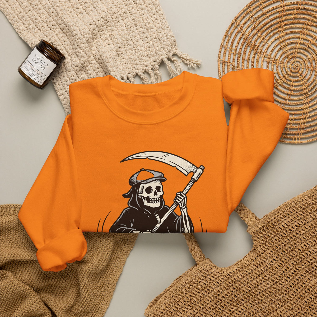 Reaper Skull Sweatshirt Halloween Cranium Gift Women Animated Sweatshirt Grim Reaper Sweatshirt Horror Fan Death Skull Graphic Sweatshirt Old School Sickle