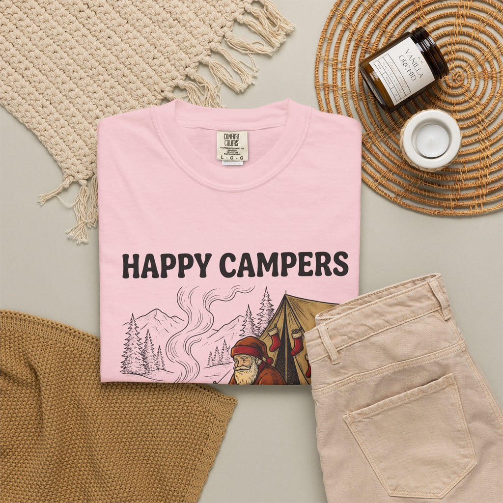 Santa Campfire T-Shirt Christmas Hiking Gift Women Rustic T-Shirt Krampus T-Shirt Xmas Fan Holiday Trek Graphic T-Shirt Line Art Camping Tent