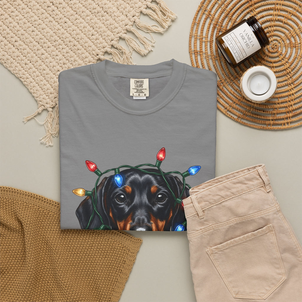 Dachshund Dog T-Shirt Dog Holiday Gift Women Realistic T-Shirt Wiener Dog T-Shirt Dog Fan Photorealistic T-Shirt Christmas Graphic Hand Drawn