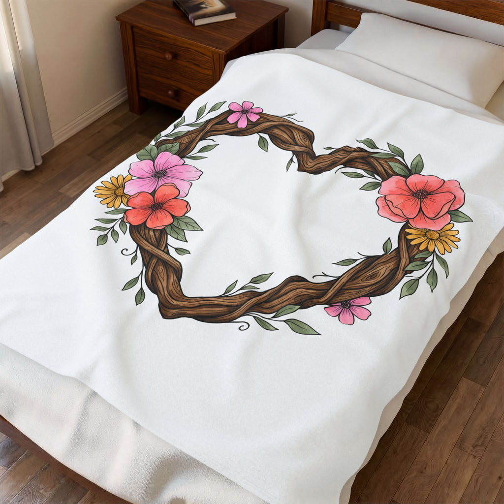 Floral Heart Blanket Boho Chic Nature Gift Women Hand Drawn Blanket Heart Blanket Bohemian Fan Illustrated Blanket Environmental Graphic Botanical