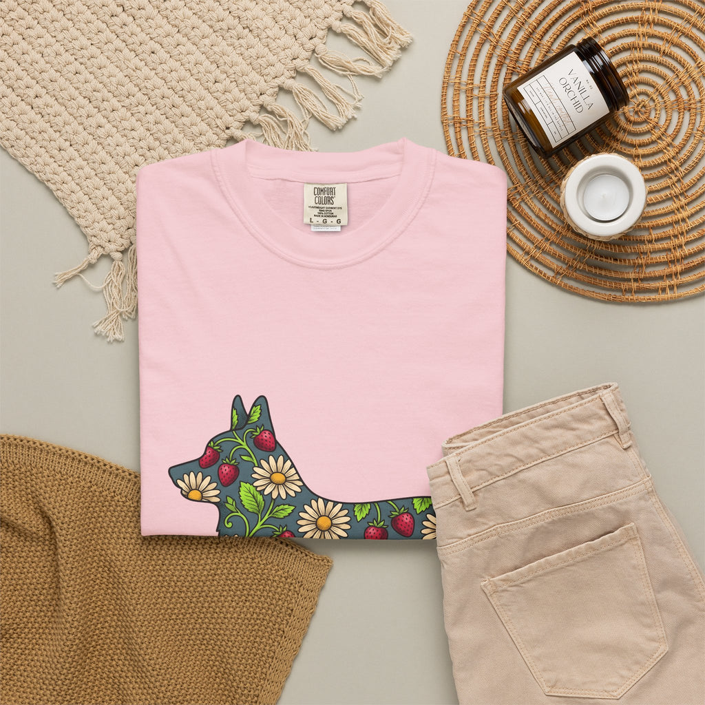 Corgi Blossom T-Shirt Dog Wildlife Gift Women Garden T-Shirt Puppy T-Shirt Dog Fan Animal Graphic Illustration T-Shirt Hand Drawn Fruit T-Shirt
