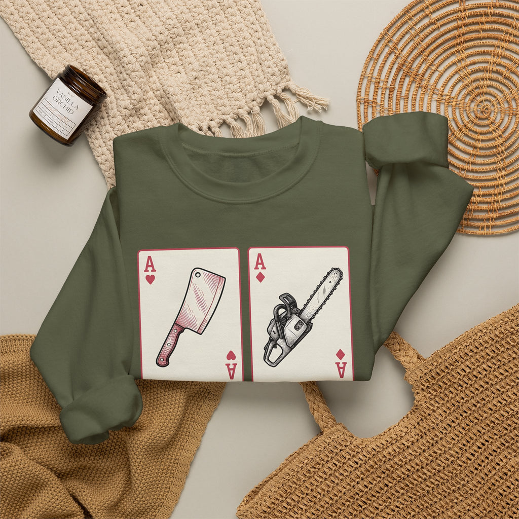 Spooky Card Deck Sweatshirt Halloween Fright Gift Women Hand Drawn Sweatshirt Tarot Card Sweatshirt Horror Fan Illustrated Sweatshirt Scary Graphic Cartoon