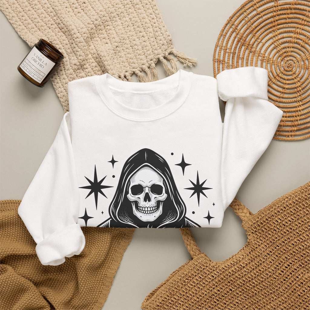 Death Reaper Sweatshirt Halloween Espresso Gift Women Dark Sweatshirt Grim Reaper Sweatshirt Horror Fan Gothic Sweatshirt Coffee Graphic Retro Sweatshirt Sweatshirt