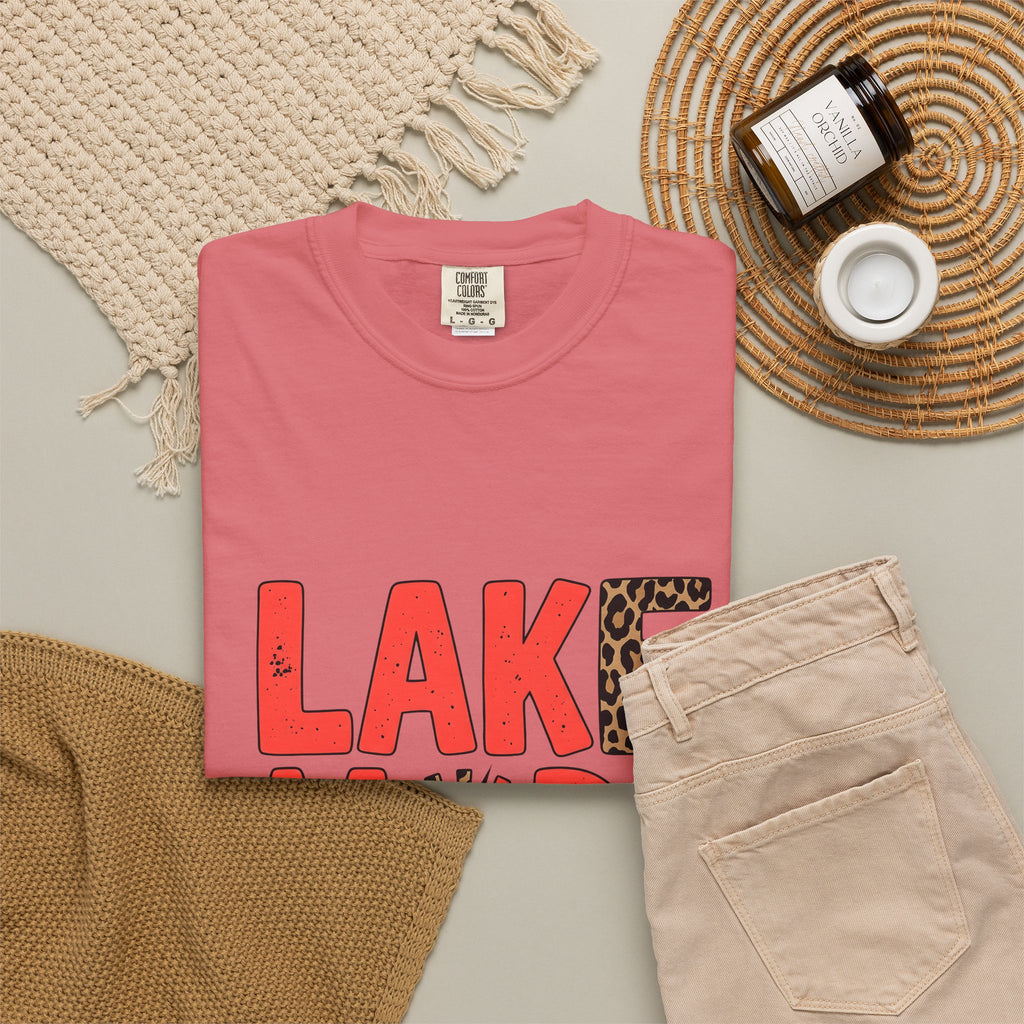 Bold Animal Print Text T-Shirt Lake Summer Gift Women Playful T-Shirt Typography T-Shirt Lakeside Fan Fun T-Shirt Vacation Graphic Retro Leopard