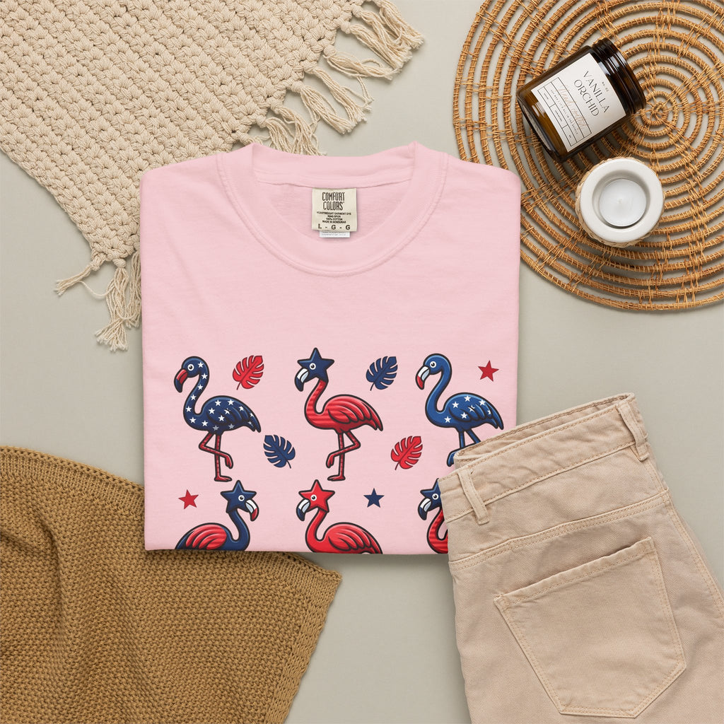 Flag Flamingo T-Shirt 4th Of July Holiday Gift Women Cartoonish T-Shirt Flamingo T-Shirt Independence Day Fan Retro T-Shirt Celebration Graphic Old