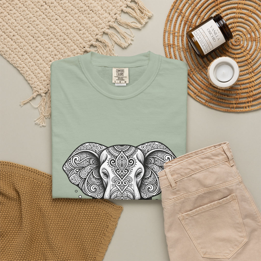 Elephant Art T-Shirt Boho Chic Critter Gift Women Hippie T-Shirt Pachyderm T-Shirt Bohemian Fan Psychedelic T-Shirt Animal Graphic Line Art