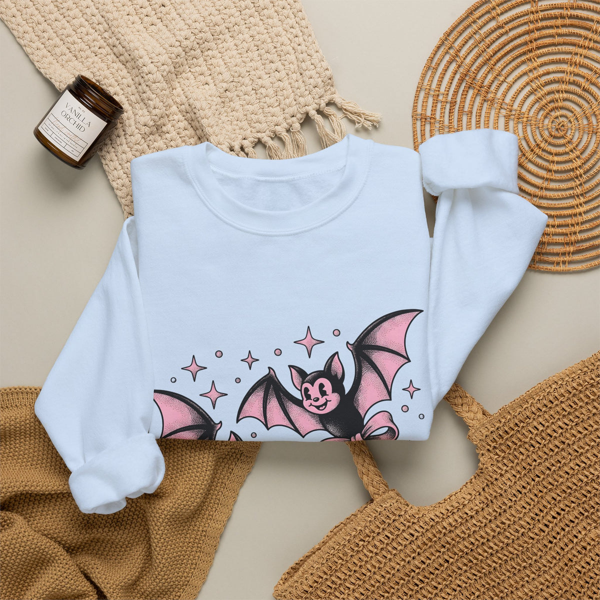 Sweet Bats Sweatshirt Halloween Horror Gift Women Chibi Sweatshirt Flying Fox Sweatshirt Spooky Fan Creepy Sweatshirt Horror Graphic Old School Hair Bows
