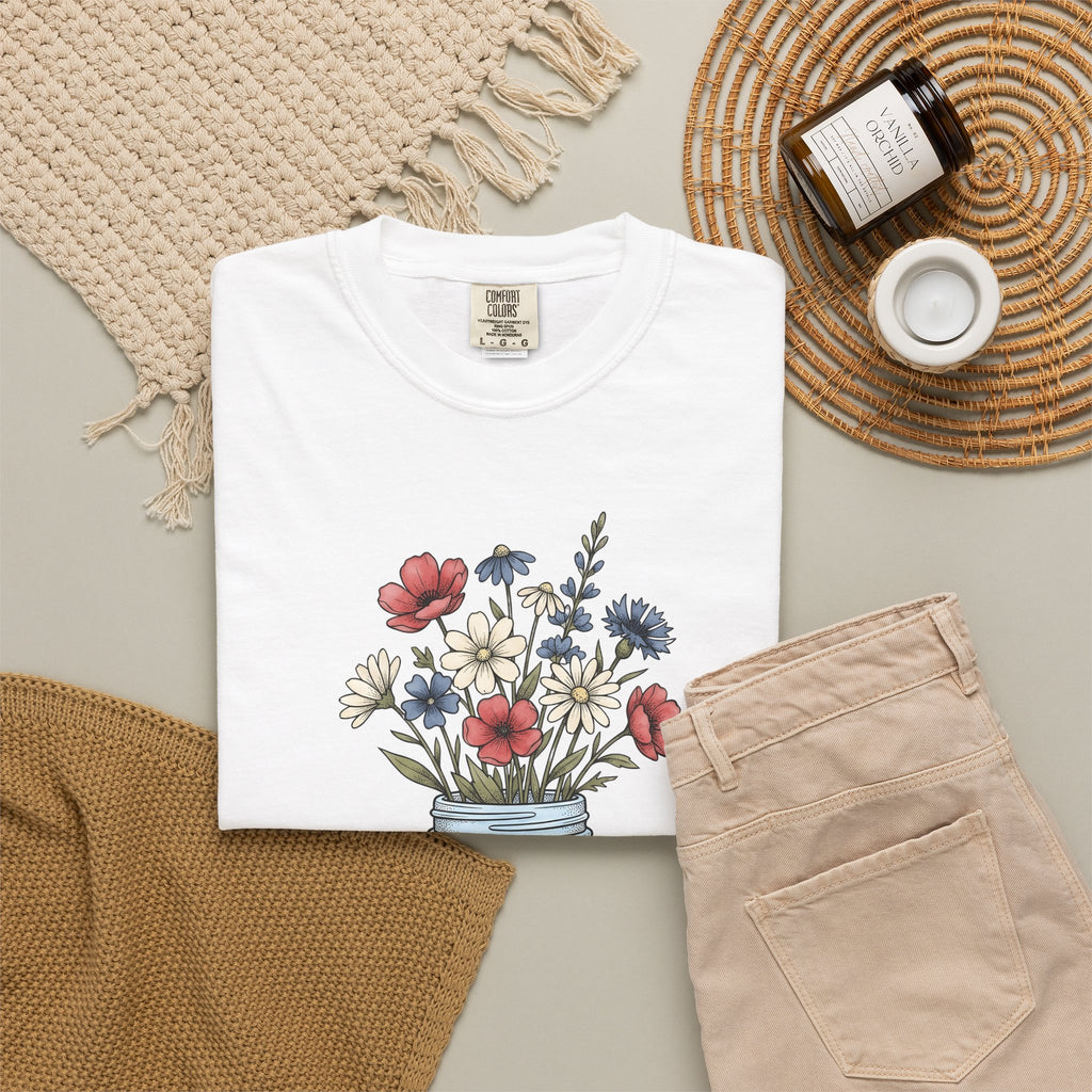 Mason Jar Flowers T-Shirt 4th Of July Floral Gift Women Hand Drawn T-Shirt Flower Arrangement T-Shirt Independence Day Fan Floral Graphic T-Shirt