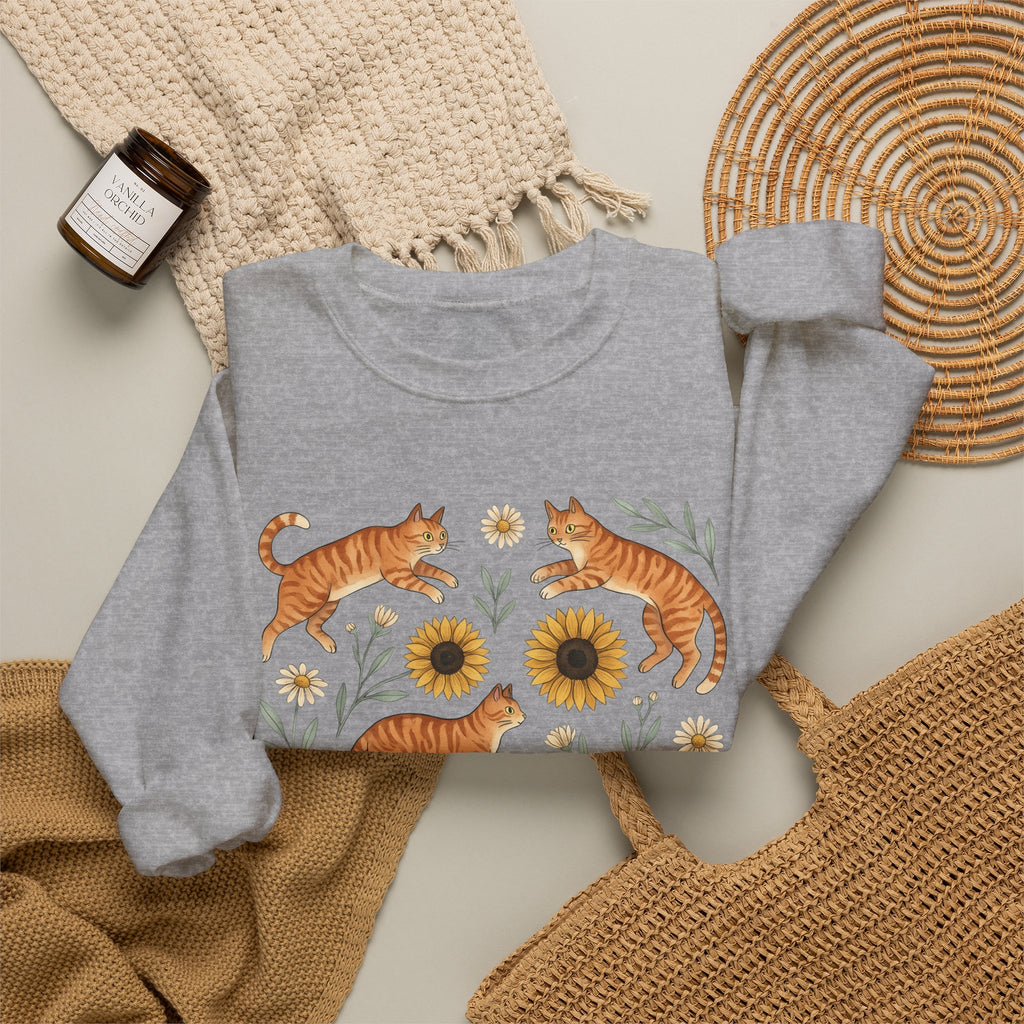 Ginger Cats Sweatshirt Cat Flower Gift Women Cartoon Sweatshirt Orange Cat Sweatshirt Cat Fan Feline Graphic Illustration Comic Sweatshirt Sketch Sunflower