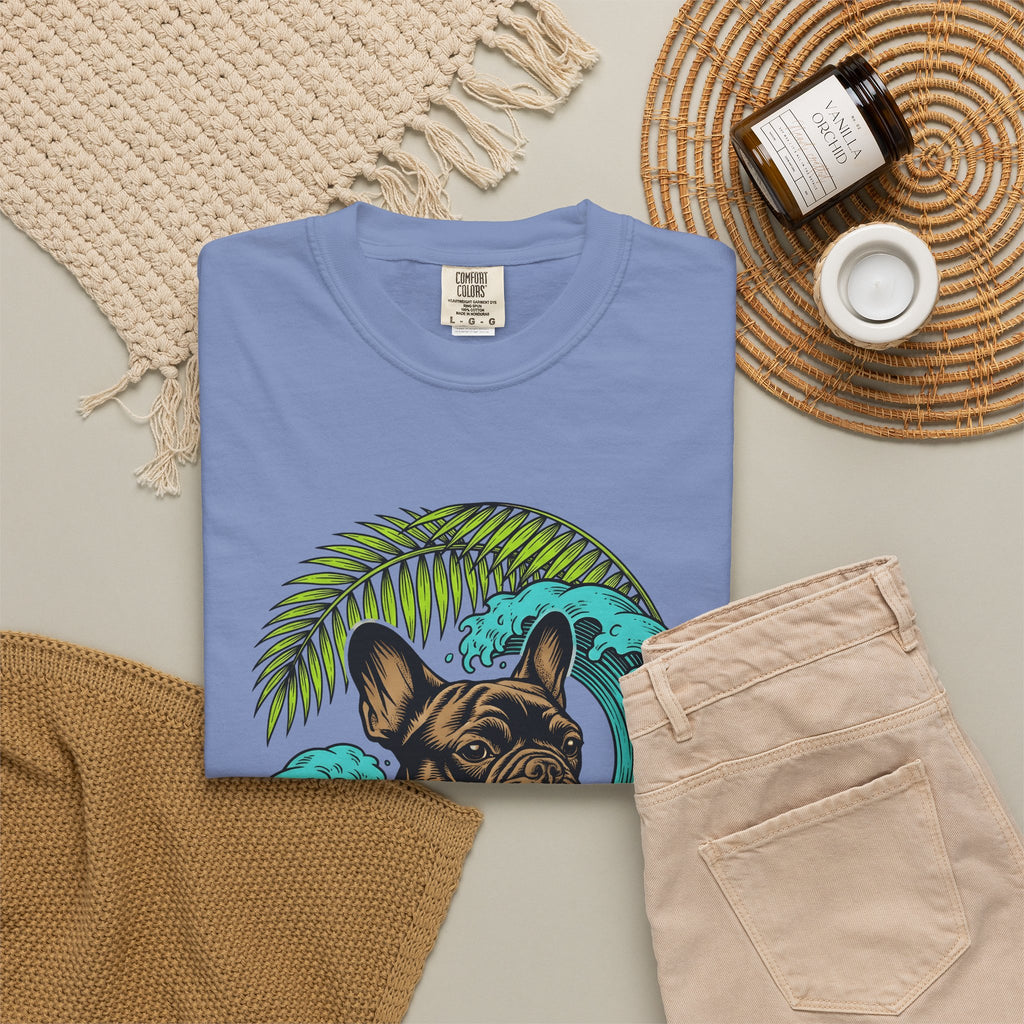 French Bulldog T-Shirt Dog Seaside Gift Women Illustrative T-Shirt Bulldog T-Shirt Dog Fan Frenchie T-Shirt Coastal Graphic Sketch Island Flower