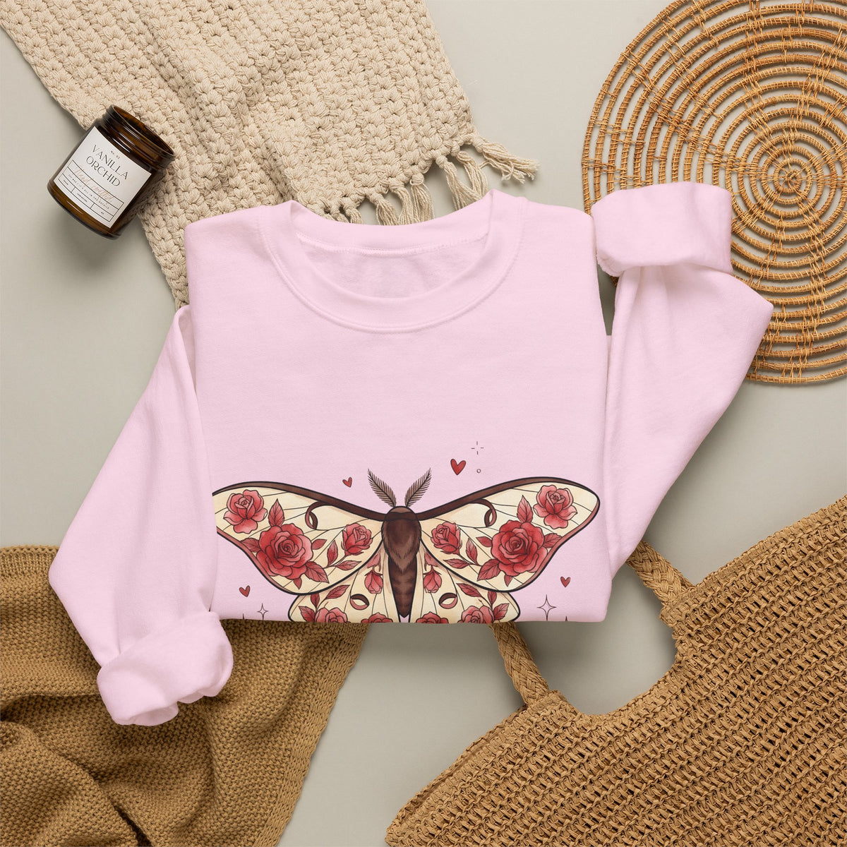 Moth Rose Sweatshirt St. Valentine's Day Floral Gift Women Boho Sweatshirt Rose Sweatshirt Valentine Fan Bohemian Sweatshirt Floral Graphic Tattoo Ribbon