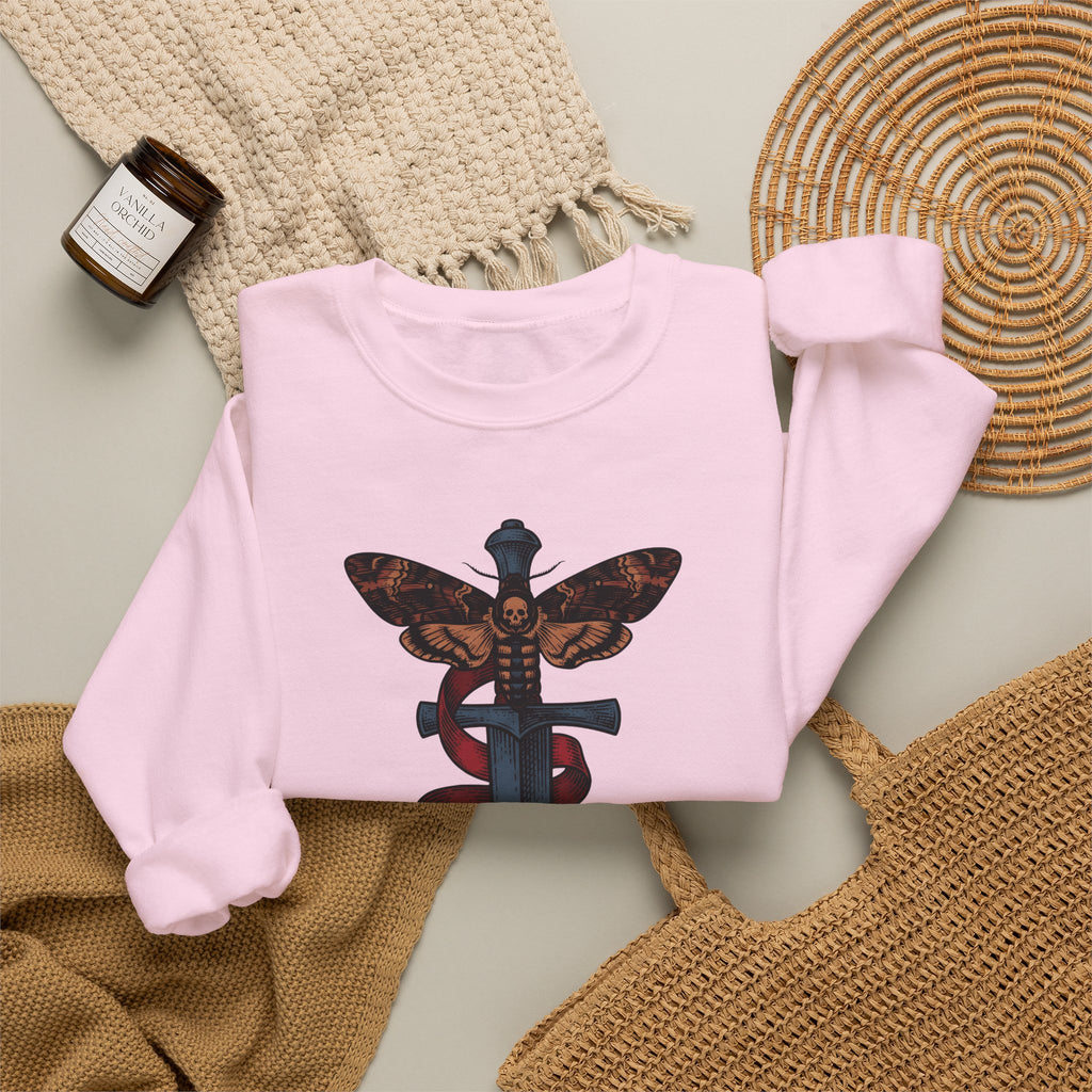Death Moth Dagger Sweatshirt Boho Chic Gothic Gift Women Tattoo Sweatshirt Dagger Sweatshirt Bohemian Fan Ink Sweatshirt Dark Graphic Vintage Ribbon Sweatshirt