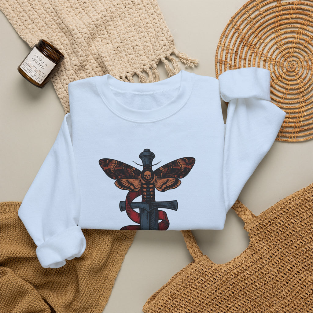 Death Moth Dagger Sweatshirt Boho Chic Gothic Gift Women Tattoo Sweatshirt Dagger Sweatshirt Bohemian Fan Ink Sweatshirt Dark Graphic Vintage Ribbon Sweatshirt