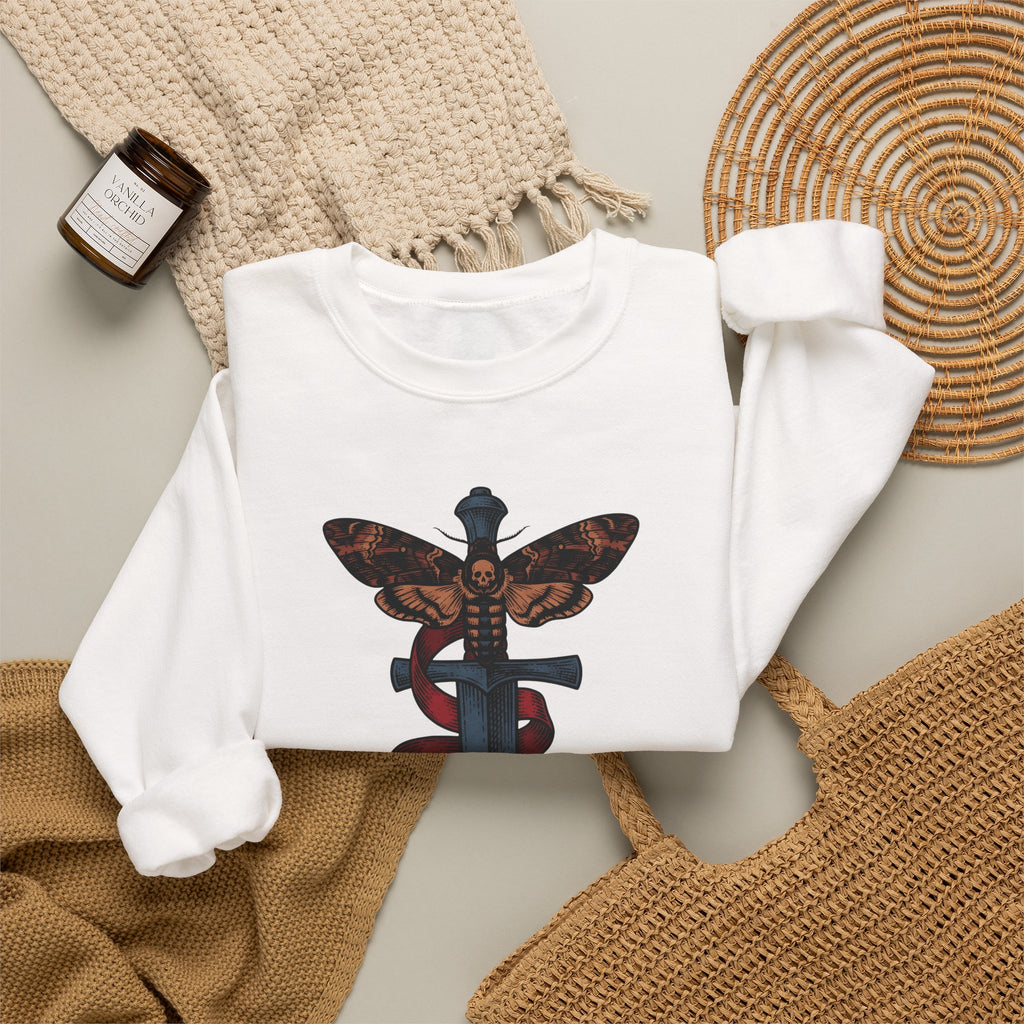 Death Moth Dagger Sweatshirt Boho Chic Gothic Gift Women Tattoo Sweatshirt Dagger Sweatshirt Bohemian Fan Ink Sweatshirt Dark Graphic Vintage Ribbon Sweatshirt
