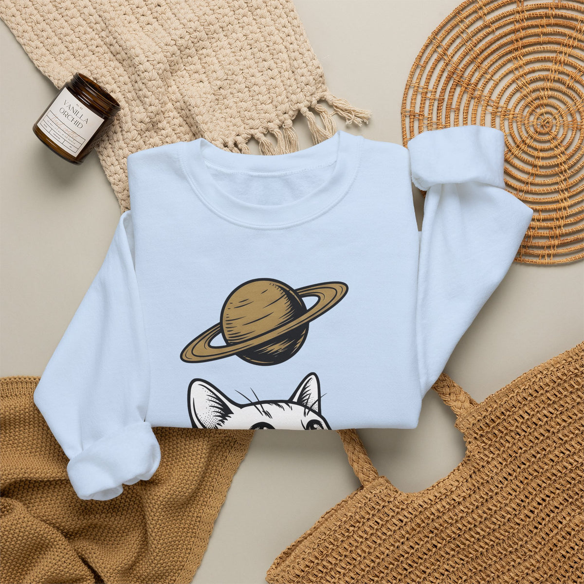 Cat Graphic Sweatshirt Cat Space Gift Women Line Art Sweatshirt Kitten Sweatshirt Feline Fan Simple Sweatshirt Galaxy Graphic Minimalist Planet Sweatshirt