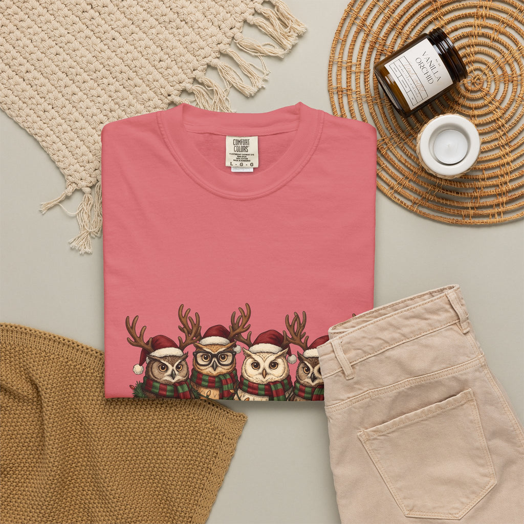 Owl Pack T-Shirt Christmas Pets Gift Women Line Art T-Shirt Owl T-Shirt Xmas Fan Owl Hoot Graphic Illustration Led Lights T-Shirt