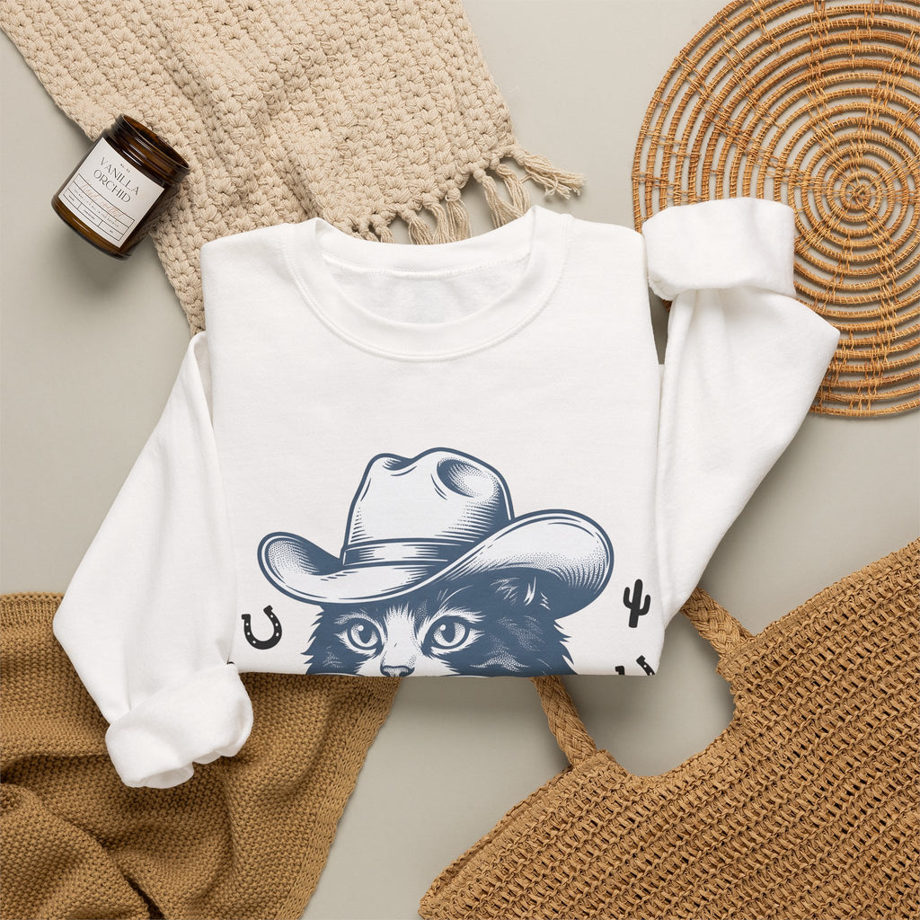 Western Cat Sweatshirt Cat Cowboy Gift Women Distressed Sweatshirt Kitty Sweatshirt Cat Fan Frayed Sweatshirt Rodeo Graphic Doodle Desert Plant Sweatshirt