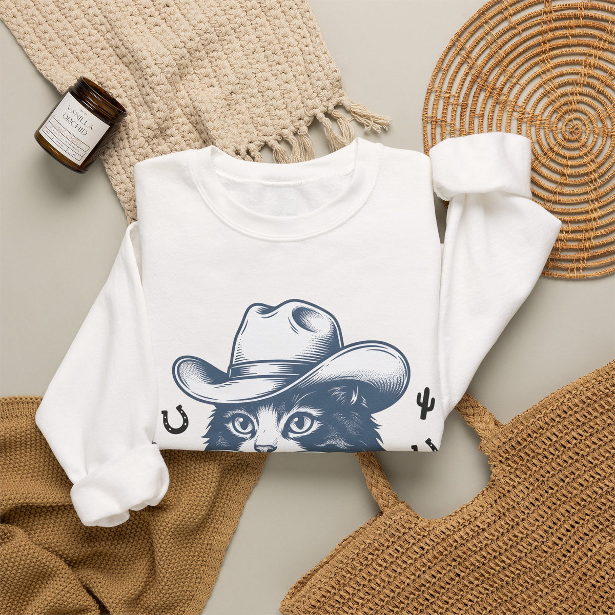 Western Cat Sweatshirt Cat Cowboy Gift Women Distressed Sweatshirt Kitty Sweatshirt Cat Fan Frayed Sweatshirt Rodeo Graphic Doodle Desert Plant Sweatshirt