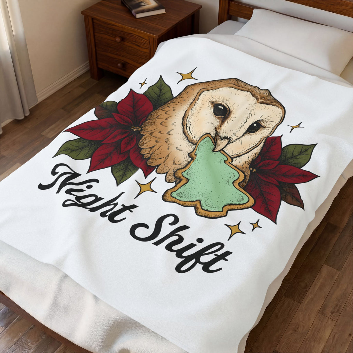 Owl Cookie Blanket Christmas Animal Gift Women Tattoo Blanket Owl Treat Blanket Xmas Fan Tattooed Blanket Wildlife Graphic Vintage Poinsettia