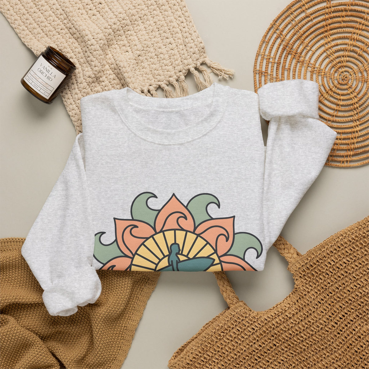 Surfer Outline Sweatshirt Sports Ocean Gift Women Hippie Sweatshirt Surfer Sweatshirt Athlete Fan Marine Graphic Sweatshirt Simple Floral Circle Sweatshirt