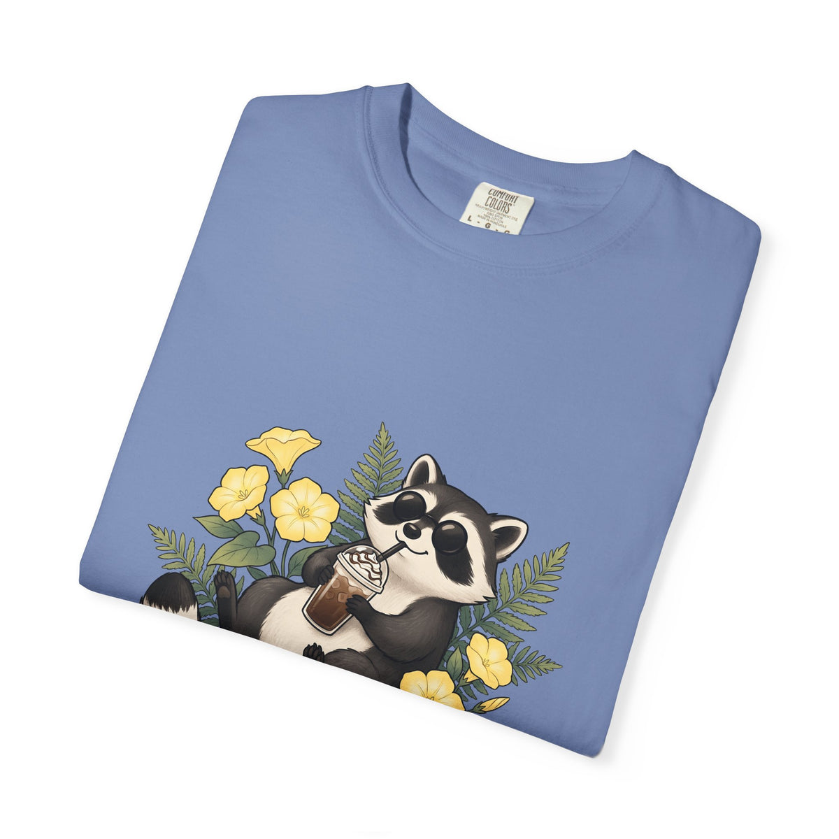 Raccoon Cappuccino T-Shirt Coffee Pet Gift Women Cartoon T-Shirt Cappuccino T-Shirt Coffee Fan Caricature T-Shirt Animal Graphic Outline Florals