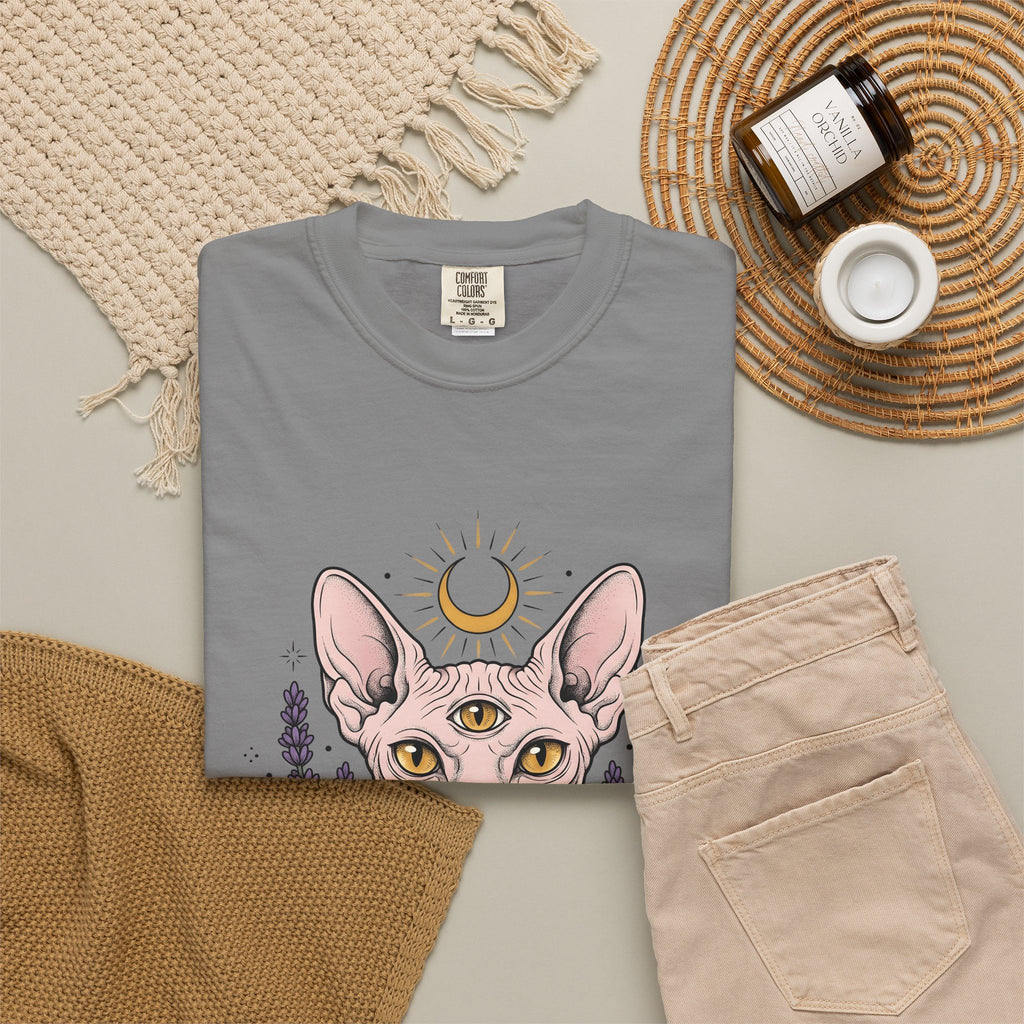 Sphynx Cat T-Shirt Boho Chic Metaphysical Gift Women Line Art T-Shirt Hairless Cat T-Shirt Bohemian Fan Minimalist T-Shirt Spiritual Graphic Folk