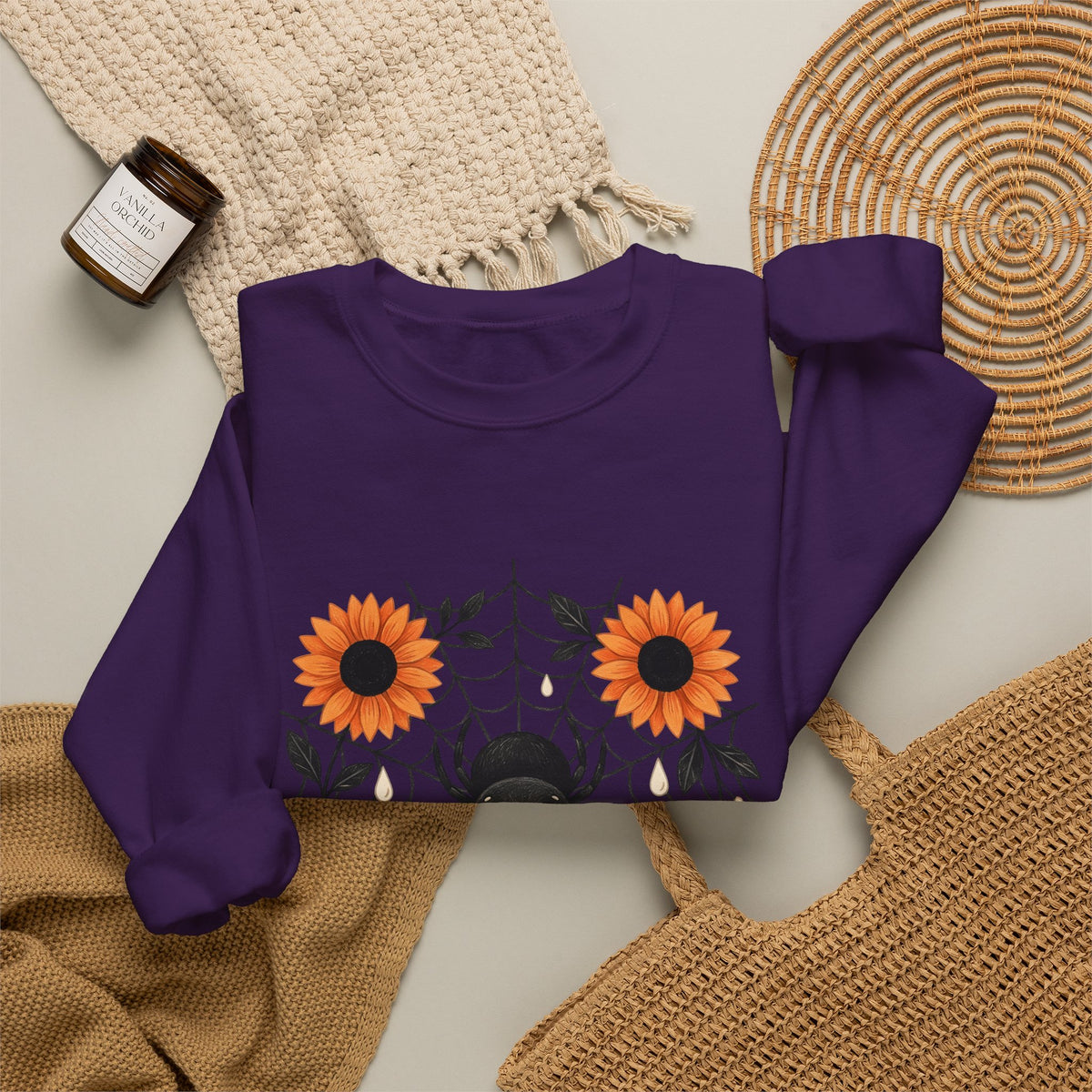 Spider Web Sunflower Sweatshirt Boho Chic Autumn Gift Women Cartoon Sweatshirt Sunflower Sweatshirt Hippie Fan Comic Sweatshirt Fall Graphic Doodle Petal