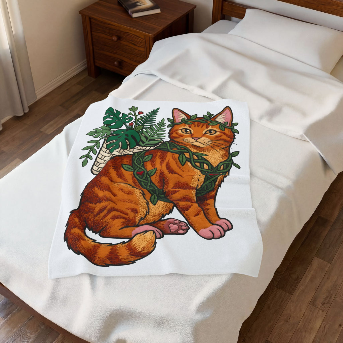 Ginger Cat Blanket Cat Wildlife Gift Women Floral Blanket Orange Cat Blanket Cat Fan Feline Graphic Blanket Sketch Indoor Plants Blanket