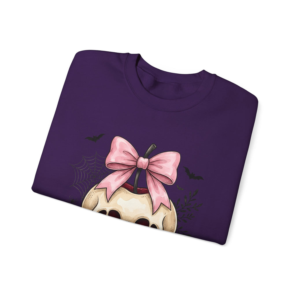Skeleton Apple Sweatshirt Halloween Scary Gift Women Horror Sweatshirt Bone Sweatshirt Spooky Fan Macabre Sweatshirt Frightful Graphic Hand Drawn Pink Hair Bow