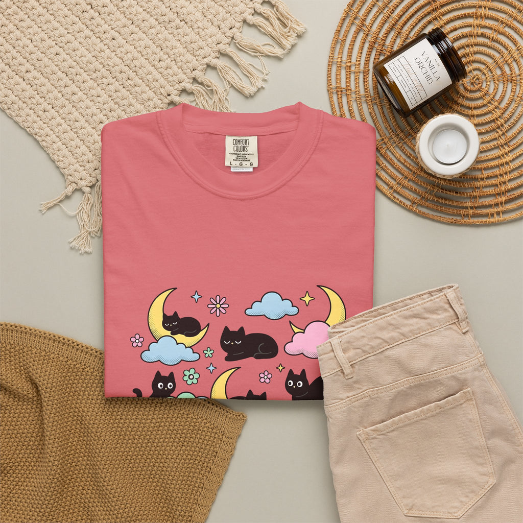 Black Cats T-Shirt Cat Celestial Gift Women Kawaii T-Shirt Kitties T-Shirt Cat Fan Astrology Graphic T-Shirt Pastel Crescent Moon T-Shirt