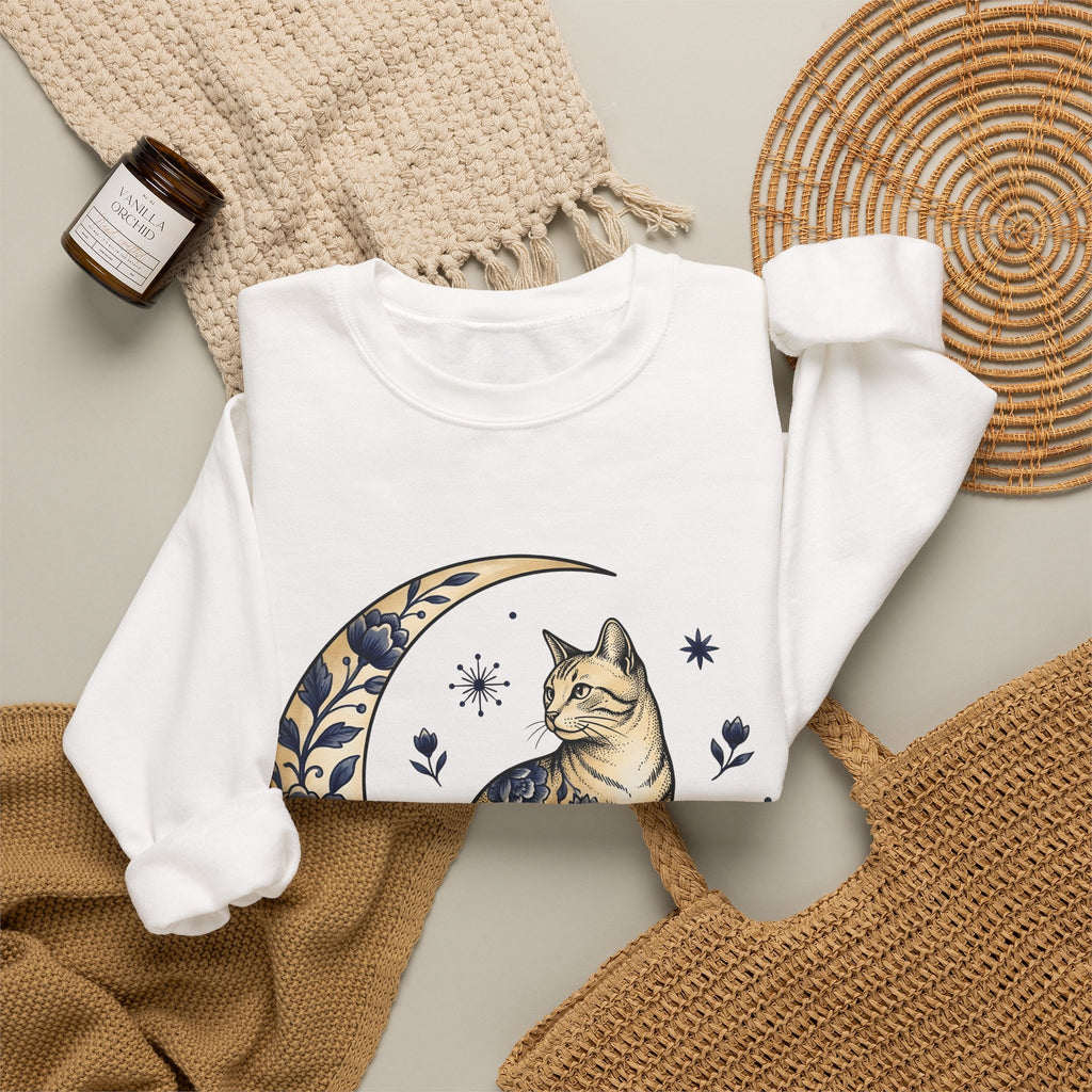Flower Kitty Sweatshirt Cat Astrology Gift Women Hippie Sweatshirt Kitty Cat Sweatshirt Cat Fan Zodiac Graphic Sweatshirt Retro Half Moon Sweatshirt