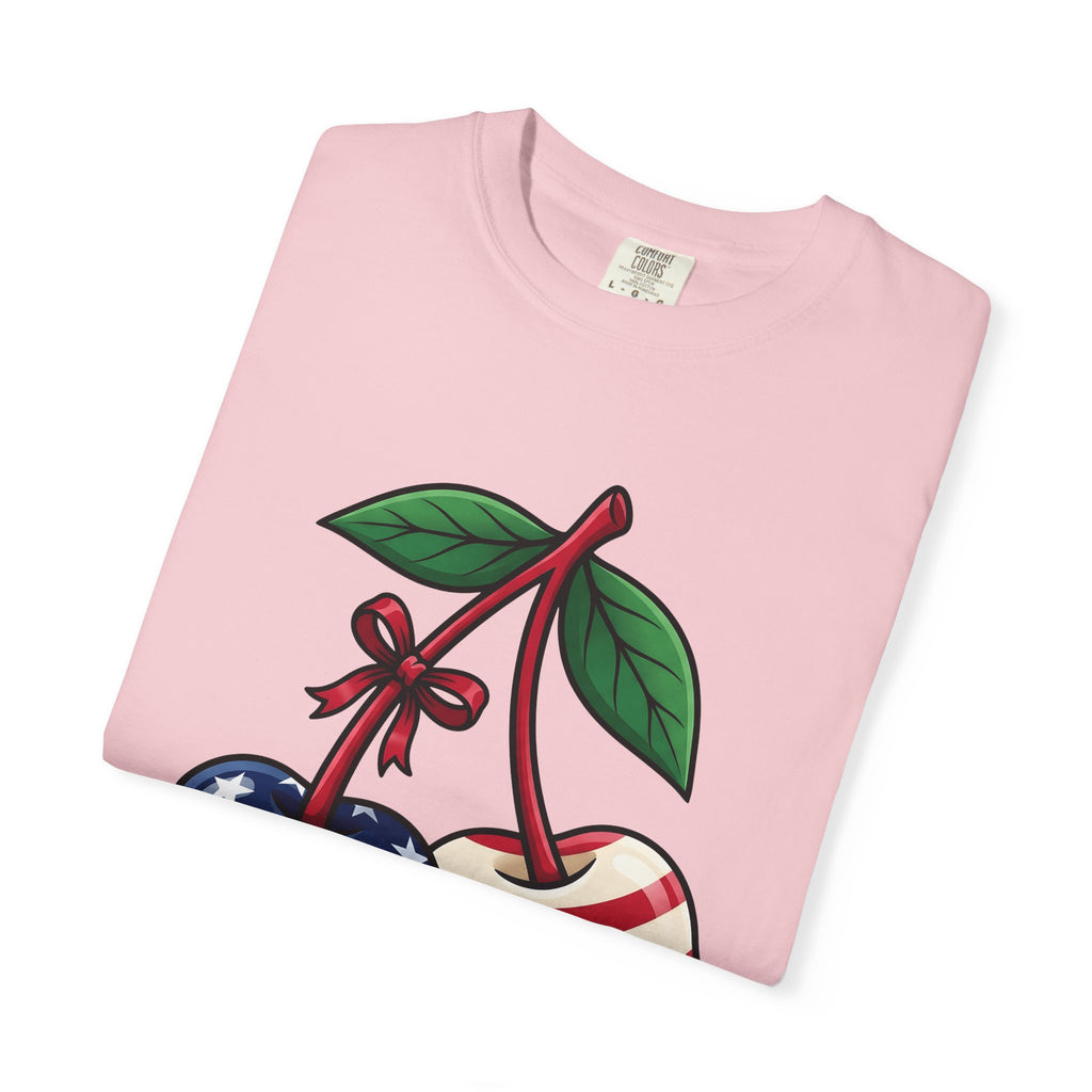 American Cherries 4Th Of July Beach Gift Comic Cherry Independence Day Fan Cartoon Coastal T-Shirt