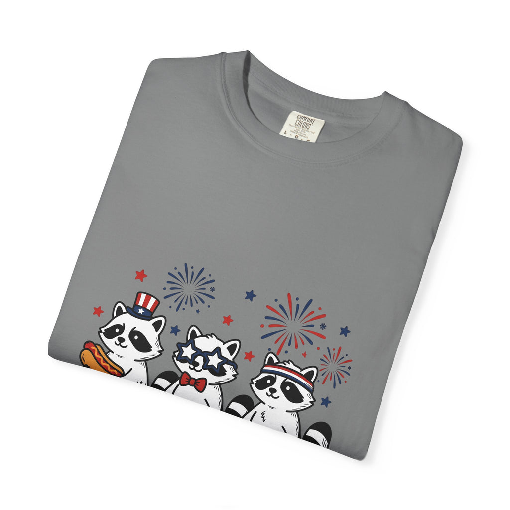 Raccoon Pack T-Shirt 4th Of July Fauna Gift Women Hand Drawn T-Shirt Trash Panda T-Shirt Independence Day Fan Illustrated T-Shirt Wildlife Graphic