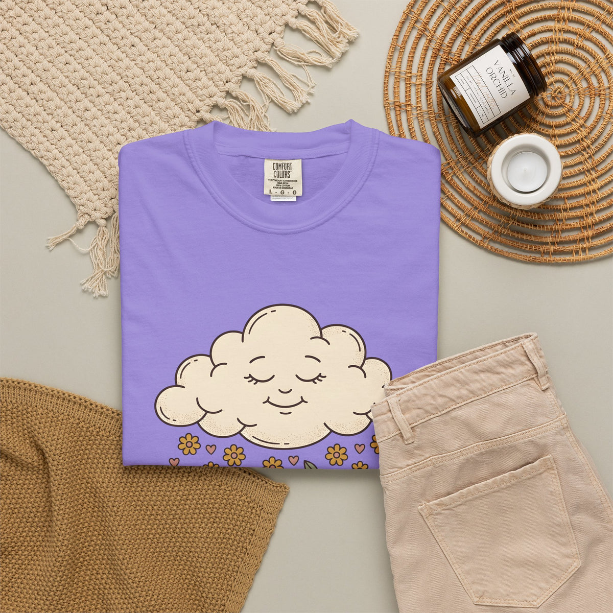 Joyful Cloud T-Shirt Boho Chic Encouragement Gift Women Cartoon T-Shirt Cloud T-Shirt Bohemian Fan Illustrated Graphic T-Shirt Hand Drawn Bloom