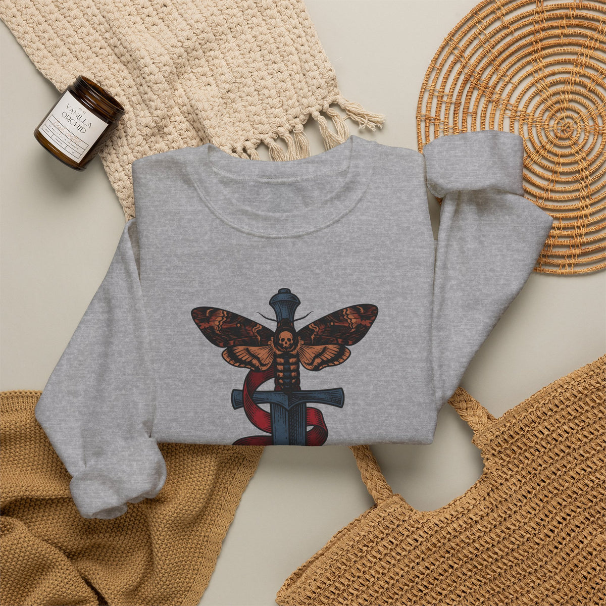 Death Moth Dagger Sweatshirt Boho Chic Gothic Gift Women Tattoo Sweatshirt Dagger Sweatshirt Bohemian Fan Ink Sweatshirt Dark Graphic Vintage Ribbon Sweatshirt