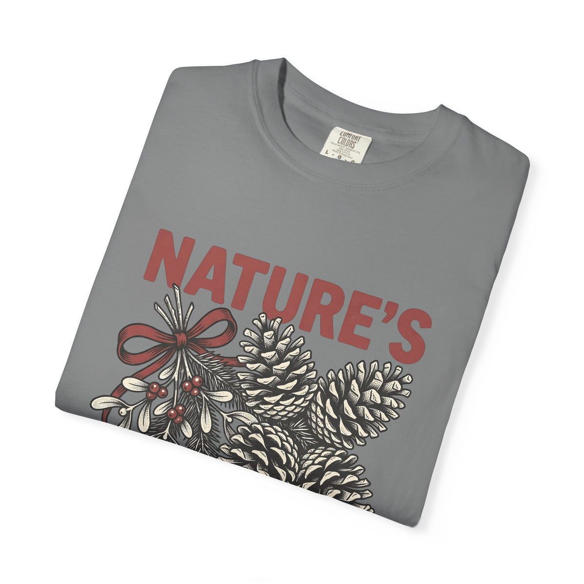 Pinecone Twig T-Shirt Christmas Outdoors Gift Women Retro T-Shirt Branch T-Shirt Xmas Fan Evergreen Graphic T-Shirt Sketch Ribbon T-Shirt