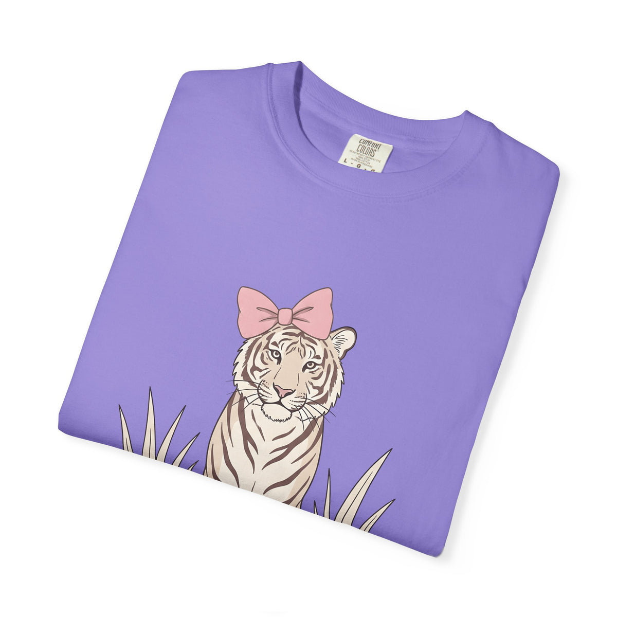 Tiger Bow Cute Animal Gift Minimalist Ribbon Adorable Fan Simple Wildlife Hand Drawn Grass T-Shirt