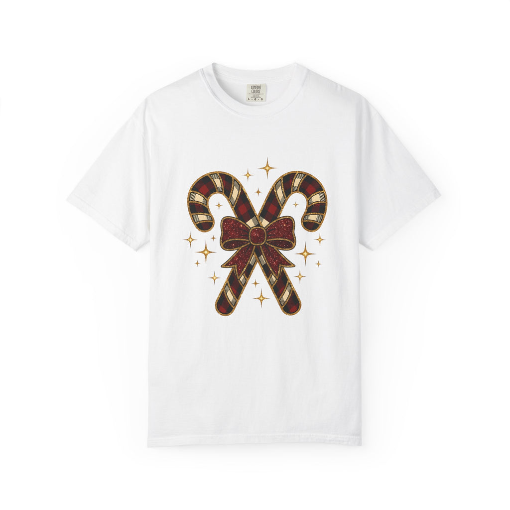 Striped Candy Bow T-Shirt Christmas Event Gift Women Glimmer T-Shirt Candy Bow T-Shirt Christmas Fan Sparkle T-Shirt Party Graphic Gingham Star