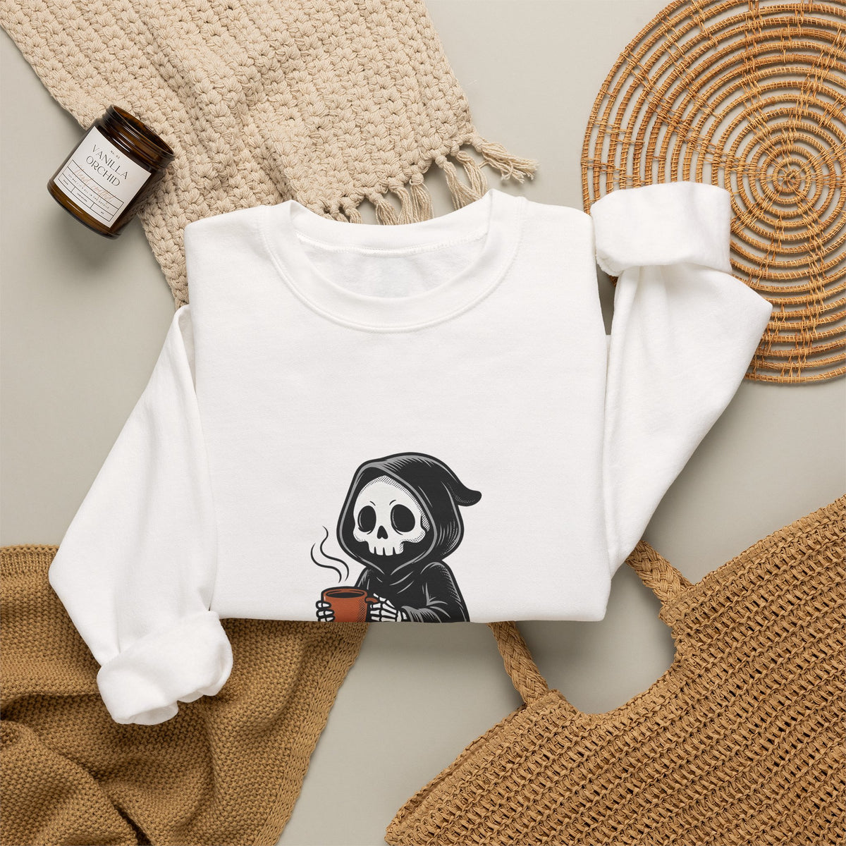 Reaper Skull Sweatshirt Halloween Latte Gift Women Retro Sweatshirt Grim Reaper Sweatshirt Horror Fan Grunge Sweatshirt Coffee Graphic Vintage Sweatshirt Sweatshirt