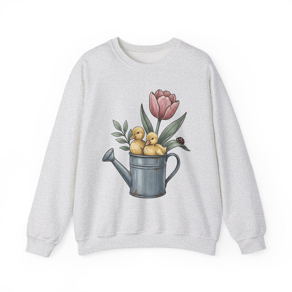 Baby Ducks Watering Pot Sweatshirt Easter Garden Gift Women Sketch Sweatshirt Duckling Sweatshirt Spring Fan Doodle Sweatshirt Gardening Graphic Retro Flower
