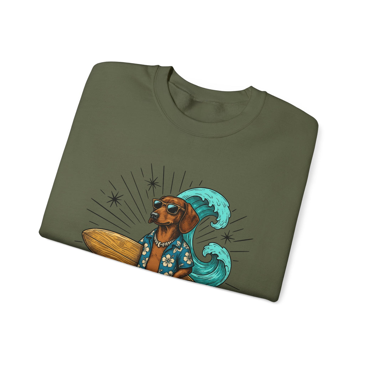 Dachshund Surfer Sweatshirt Dog Holiday Gift Women Animated Sweatshirt Wiener Dog Sweatshirt Dog Fan Cartoon Sweatshirt Vacation Graphic Retro Surfboard Sweatshirt