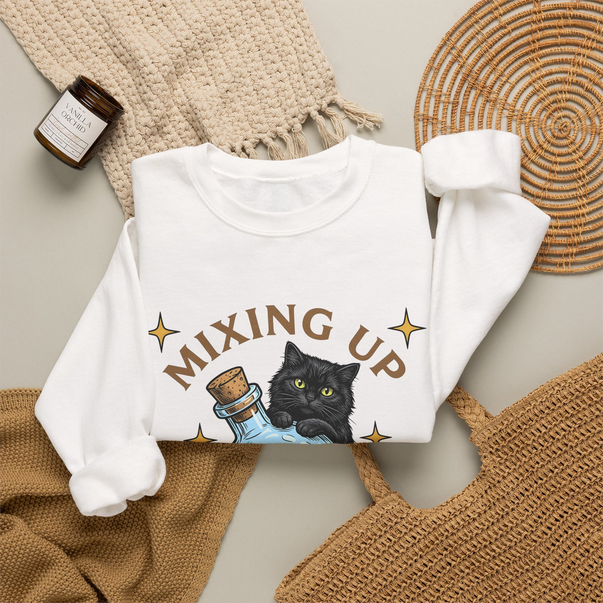 Black Cat Potion Sweatshirt Cat Humor Gift Women Cartoon Sweatshirt Magic Potion Sweatshirt Cat Fan Comic Sweatshirt Funny Graphic Vintage Stars Sweatshirt