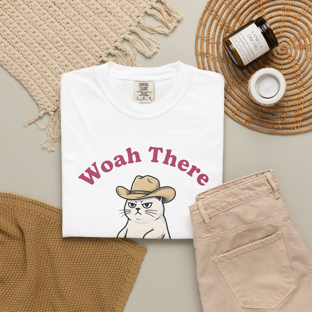 Cowboy Feline T-Shirt Funny Critter Gift Women Hand Drawn T-Shirt Cat T-Shirt Humor Fan Illustrated T-Shirt Animal Graphic Classic Headwear T-Shirt