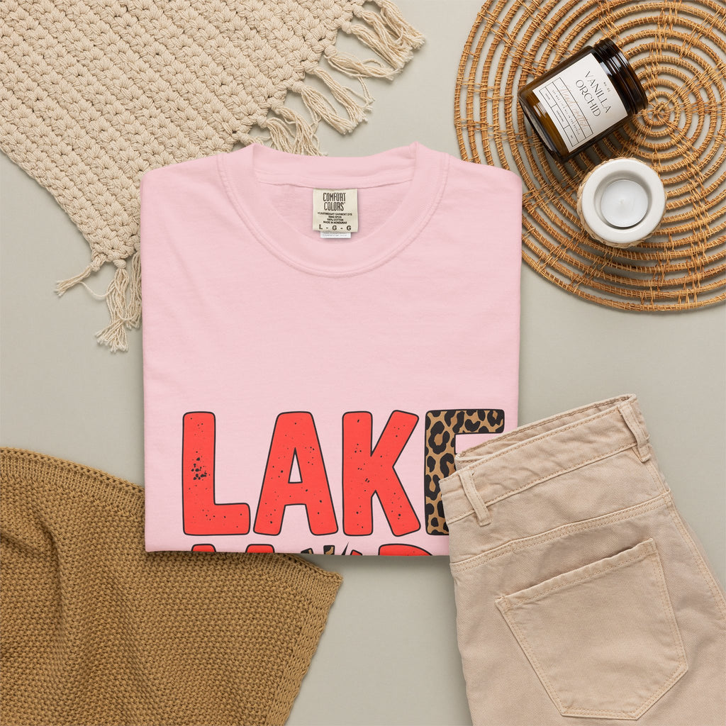 Bold Animal Print Text T-Shirt Lake Summer Gift Women Playful T-Shirt Typography T-Shirt Lakeside Fan Fun T-Shirt Vacation Graphic Retro Leopard