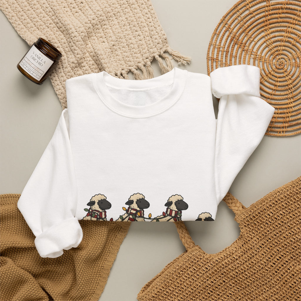 Sheep Herd Sweatshirt Christmas Wildlife Gift Women Lovable Sweatshirt Flock Sweatshirt Xmas Fan Cartoon Sweatshirt Animal Graphic Doodle Festive Lights Sweatshirt